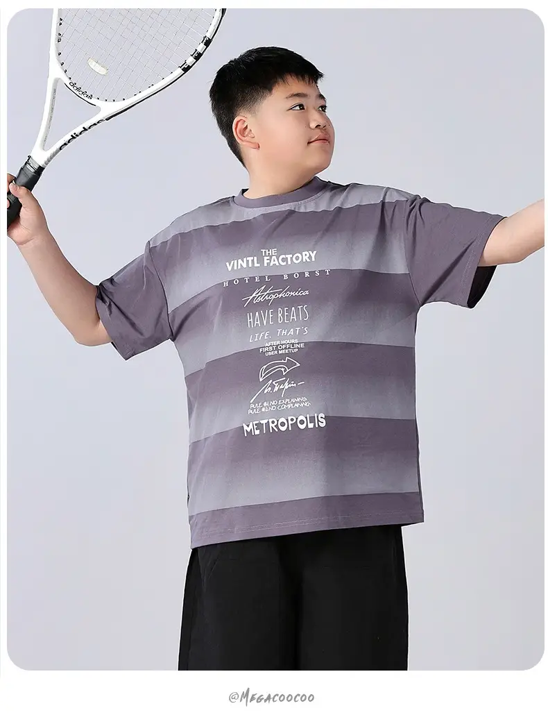 Fat Children T-Shirt Gray Striped Plus Size — feature 10