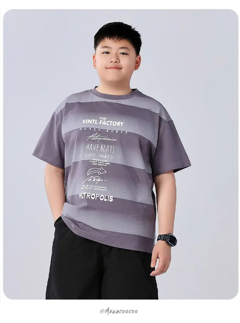 Fat Children T-Shirt Gray Striped Plus Size — feature 12