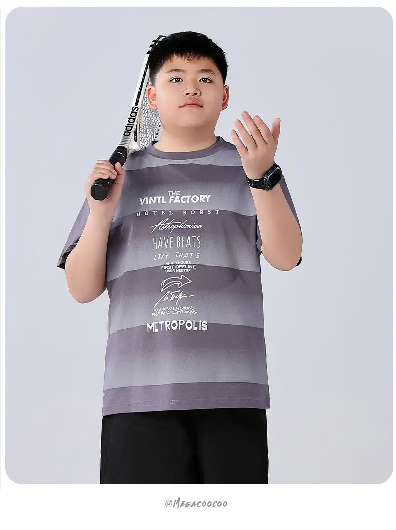 Fat Children T-Shirt Gray Striped Plus Size — feature 16