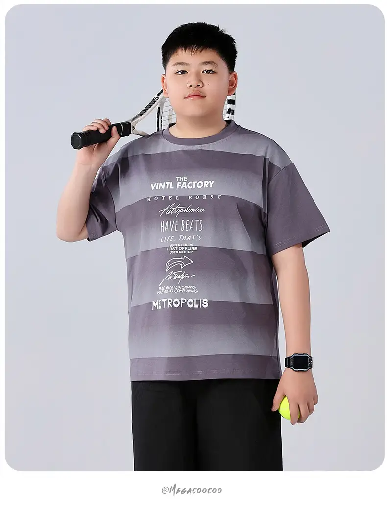 Fat Children T-Shirt Gray Striped Plus Size — feature 17