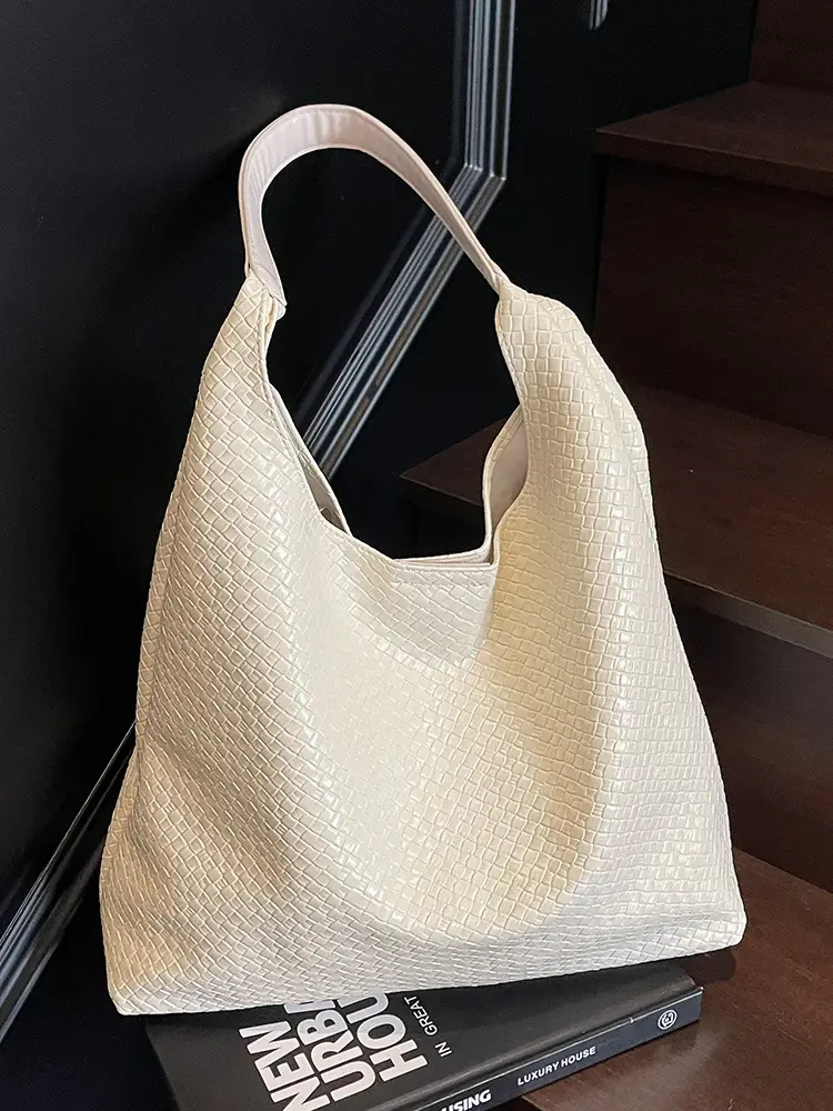 Women's Korean Style Woven Tote Bag Cream Large Capacity - Image 5