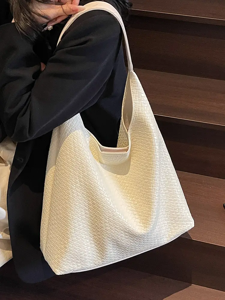 Women's Korean Style Woven Tote Bag Cream Large Capacity - Image 9