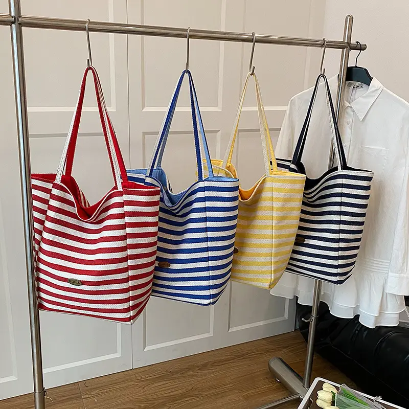 Women Red White Striped Canvas Tote Bag Large Capacity - Image 6