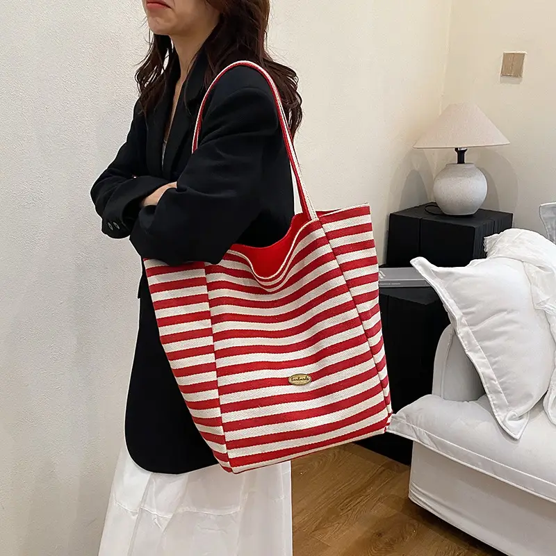 Women Red White Striped Canvas Tote Bag Large Capacity - Image 7