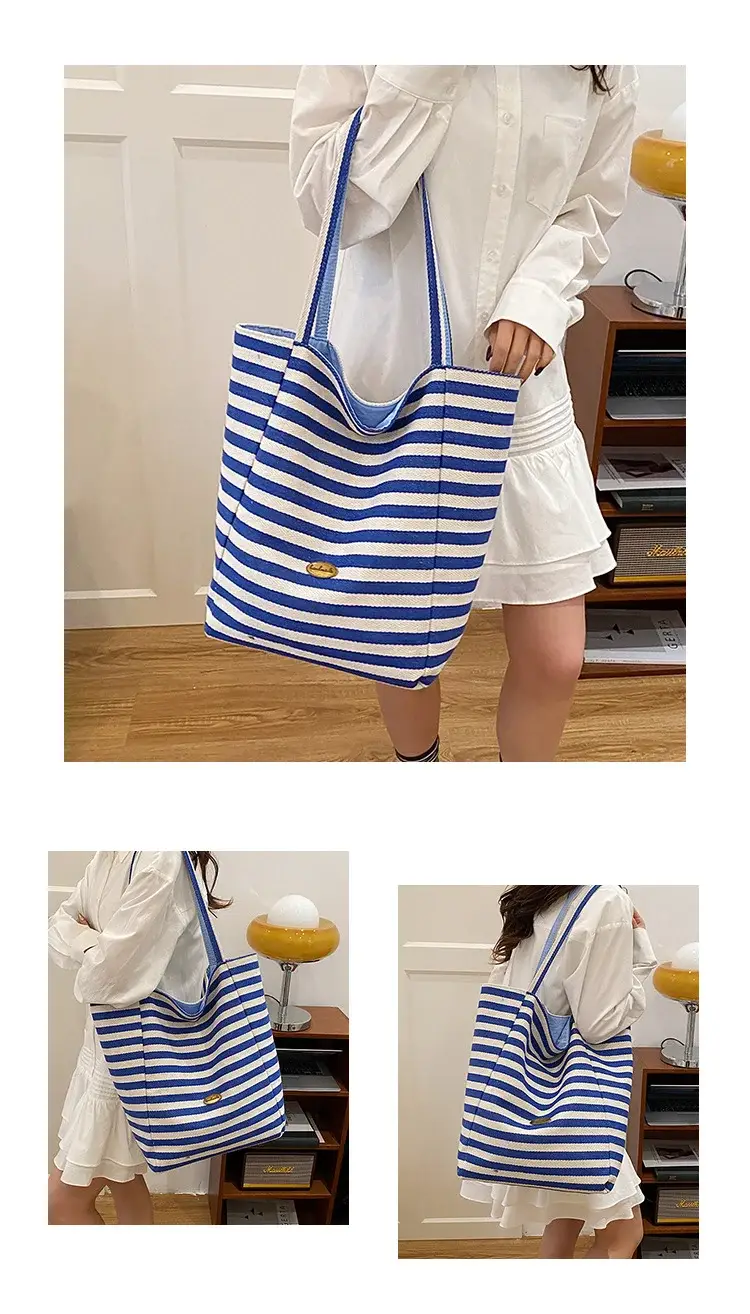 Women Red White Striped Canvas Tote Bag Large Capacity — feature 10