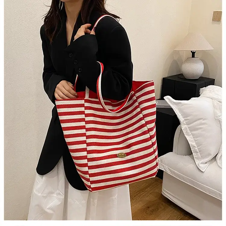 Women Red White Striped Canvas Tote Bag Large Capacity — feature 19
