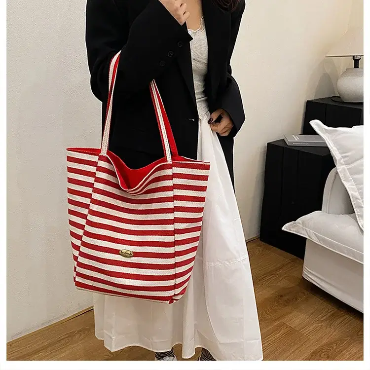 Women Red White Striped Canvas Tote Bag Large Capacity — feature 20