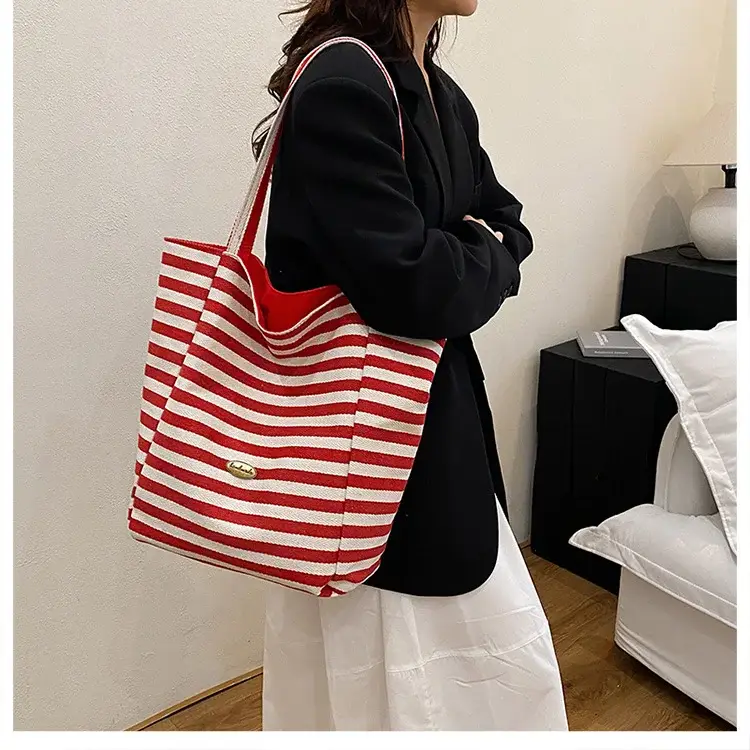 Women Red White Striped Canvas Tote Bag Large Capacity — feature 21