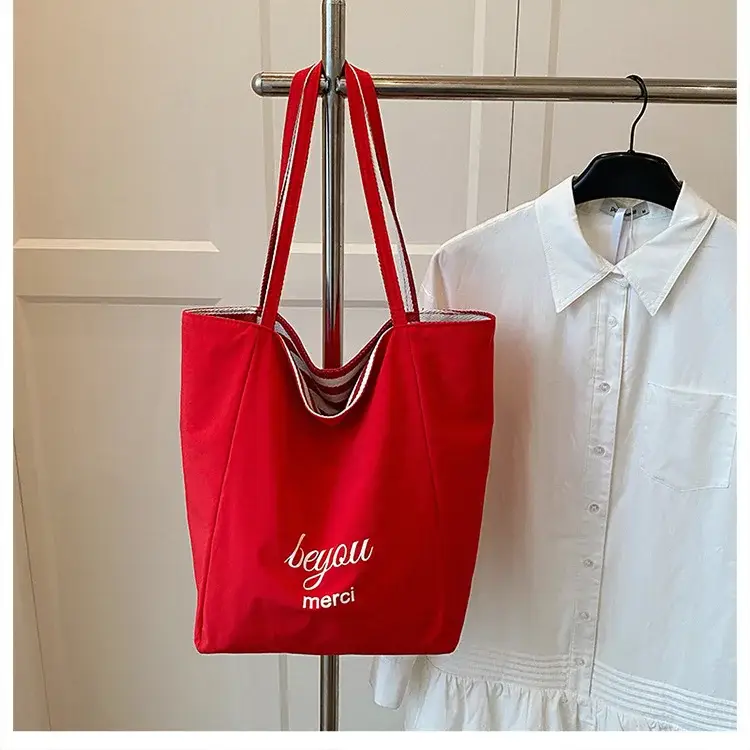 Women Red White Striped Canvas Tote Bag Large Capacity — feature 22