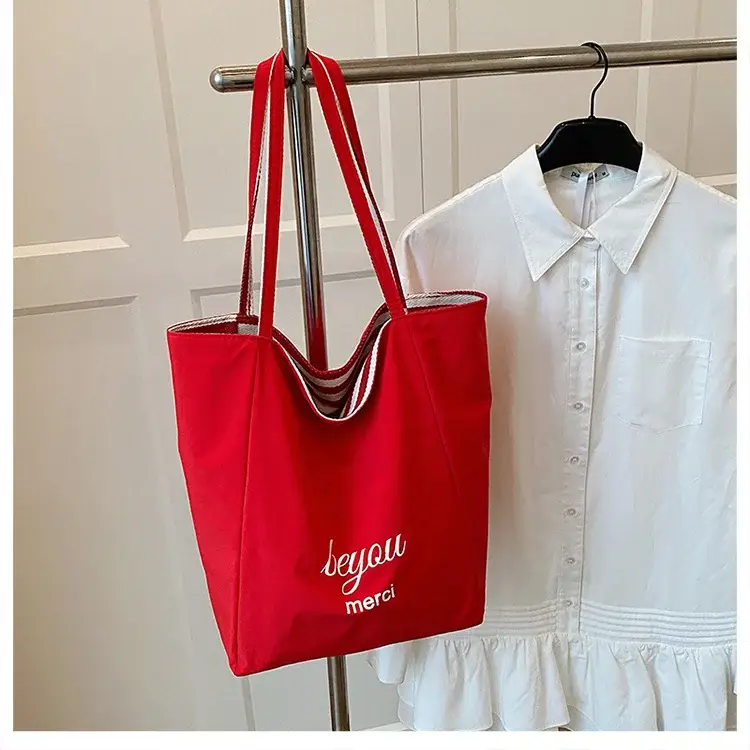 Women Red White Striped Canvas Tote Bag Large Capacity — feature 23