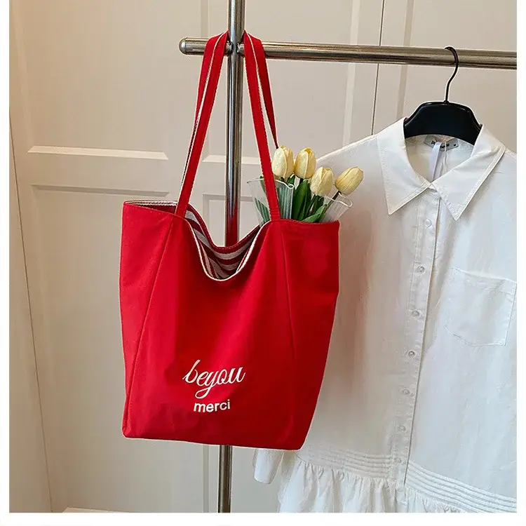 Women Red White Striped Canvas Tote Bag Large Capacity — feature 24