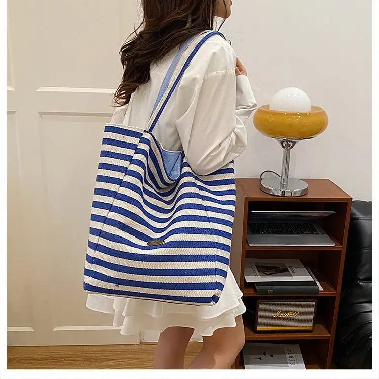 Women Red White Striped Canvas Tote Bag Large Capacity — feature 26