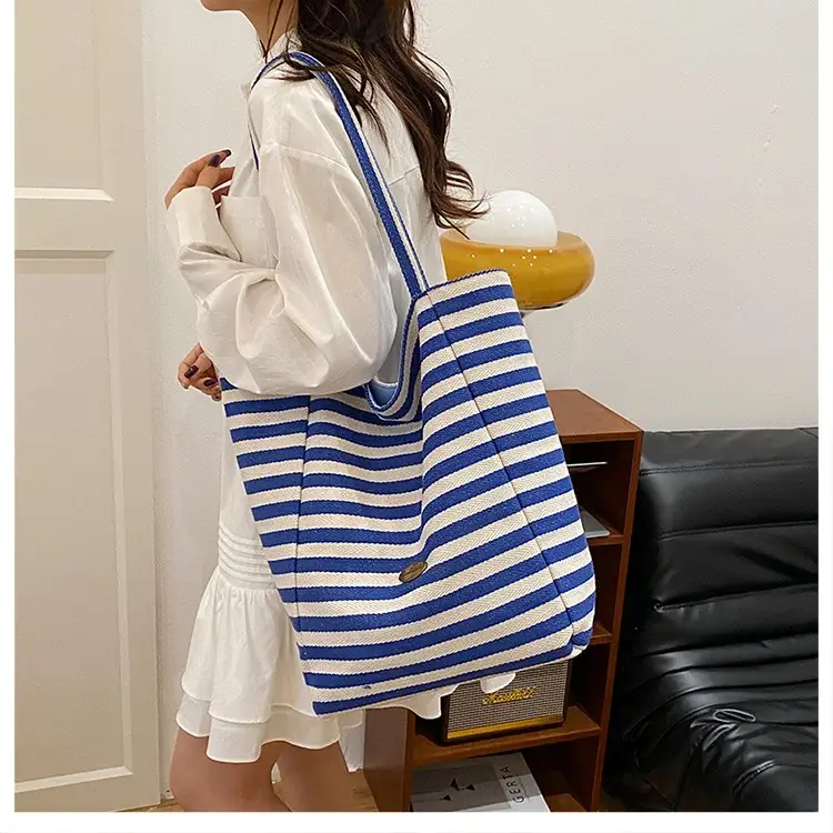 Women Red White Striped Canvas Tote Bag Large Capacity — feature 27