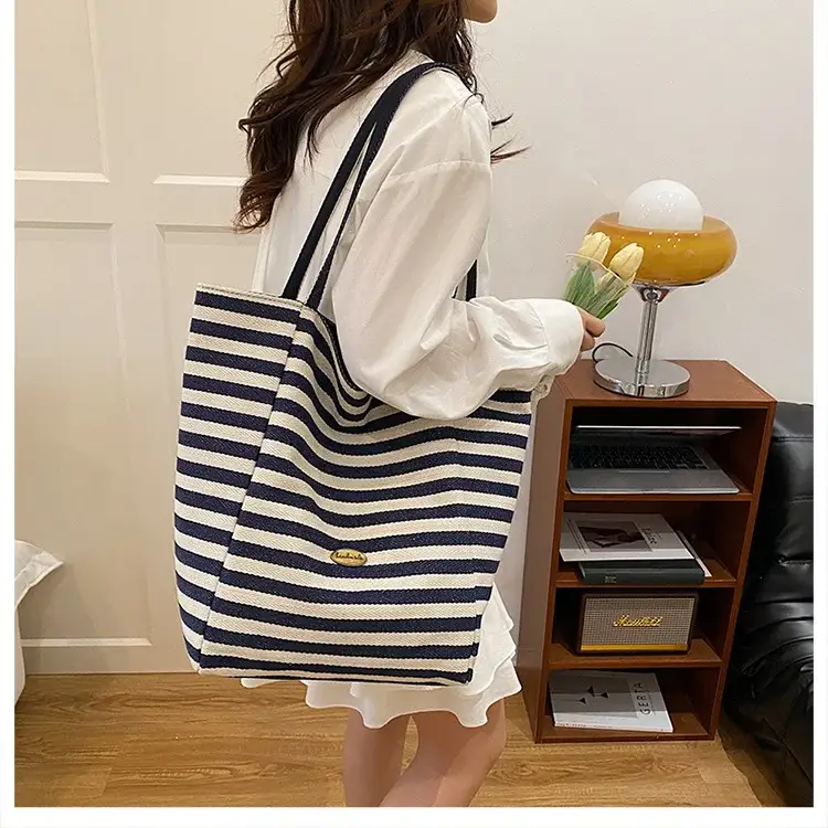 Women Red White Striped Canvas Tote Bag Large Capacity — feature 33