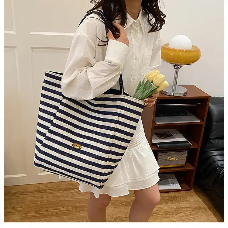 Women Red White Striped Canvas Tote Bag Large Capacity — feature 34