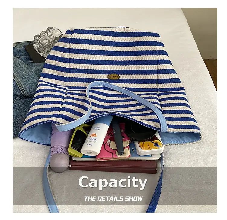Women Red White Striped Canvas Tote Bag Large Capacity — feature 4