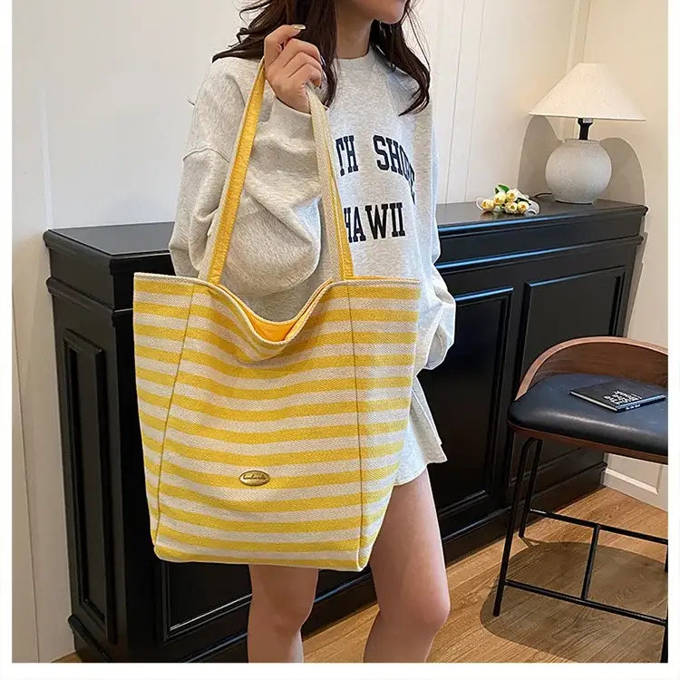 Women Red White Striped Canvas Tote Bag Large Capacity — feature 42