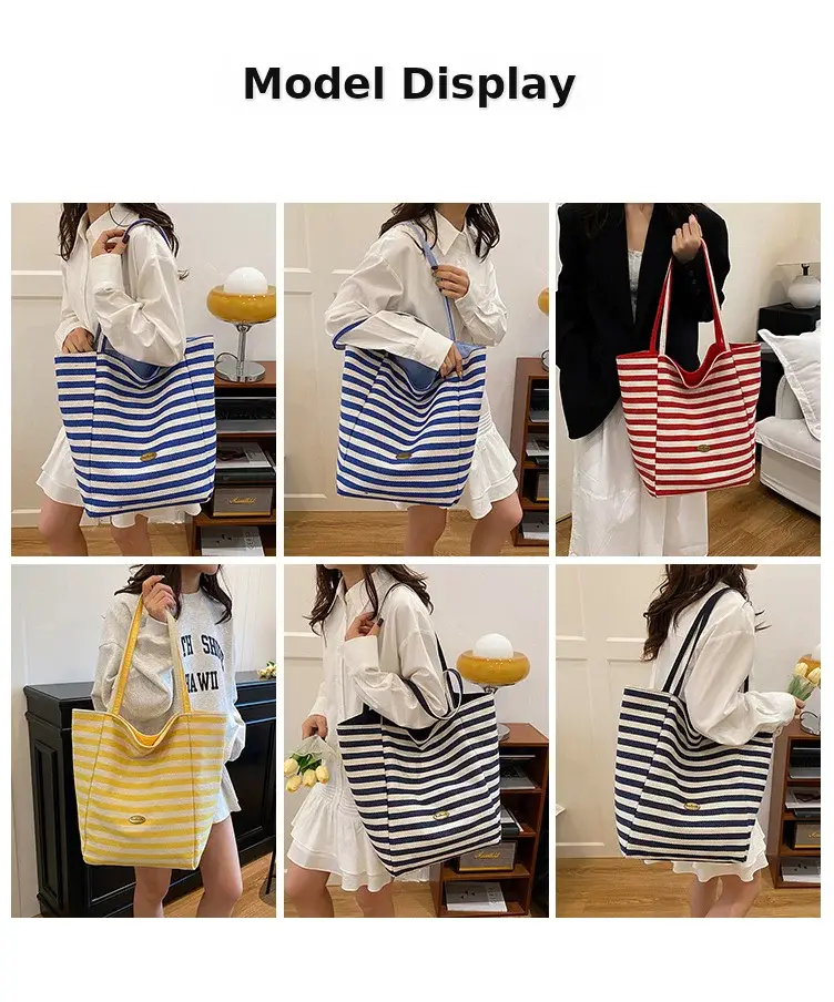 Women Red White Striped Canvas Tote Bag Large Capacity — feature 9