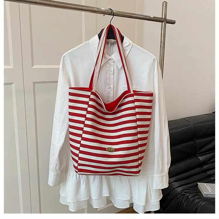 Women Red White Striped Canvas Tote Bag Large Capacity - Image 4