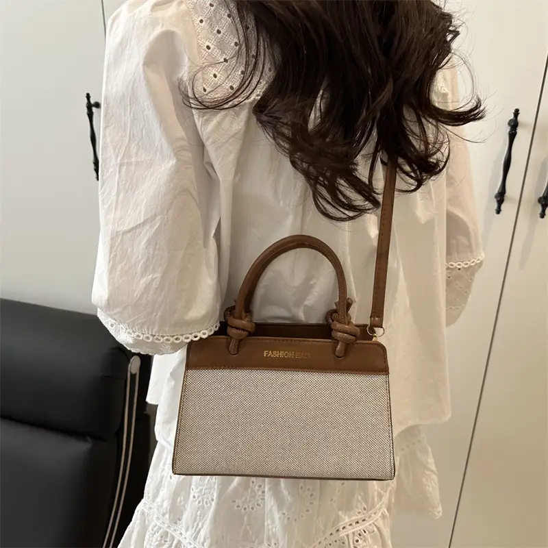 Retro Textured Handbag Women Brown Beige Large Capacity - Image 4