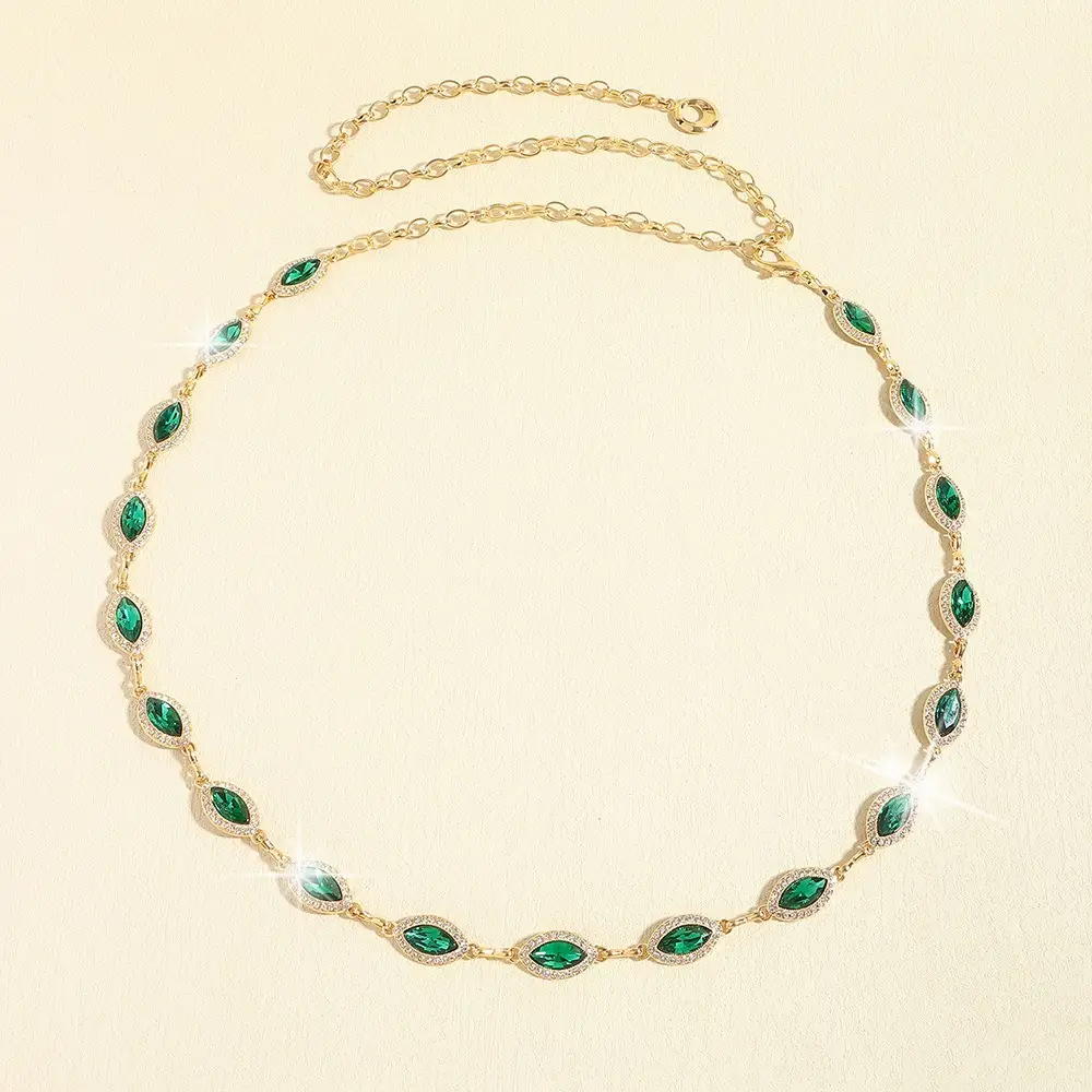 Golden Emerald Rhinestone Waist Chain with Link