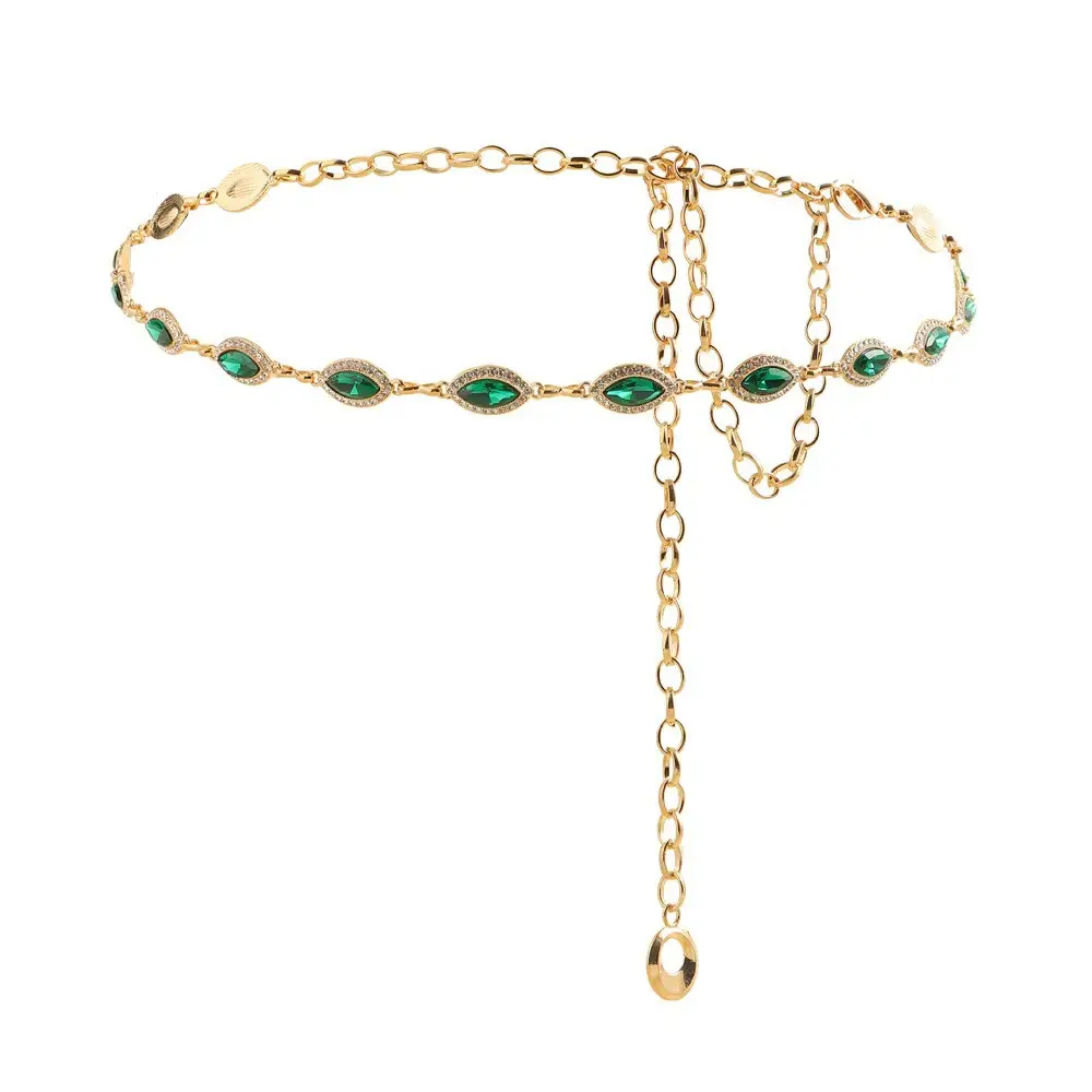 Golden Emerald Rhinestone Waist Chain with Link