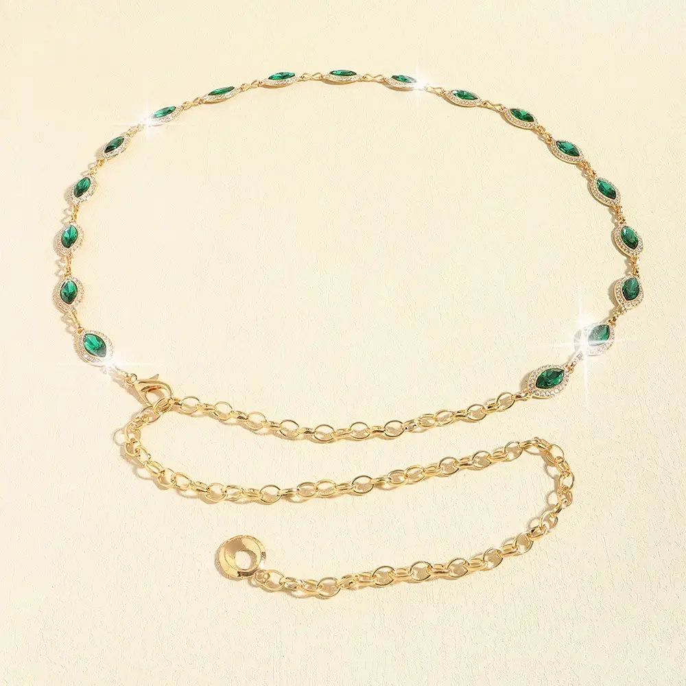 Golden Emerald Rhinestone Waist Chain with Link — feature 10