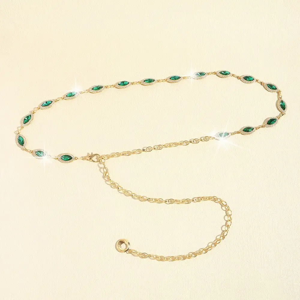 Golden Emerald Rhinestone Waist Chain with Link — feature 12