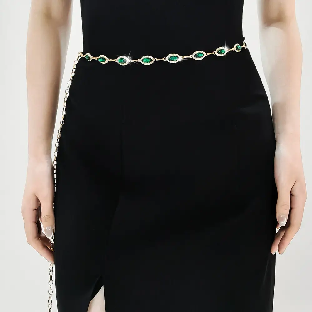 Golden Emerald Rhinestone Waist Chain with Link — feature 5