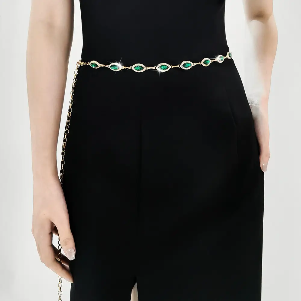 Golden Emerald Rhinestone Waist Chain with Link — feature 6