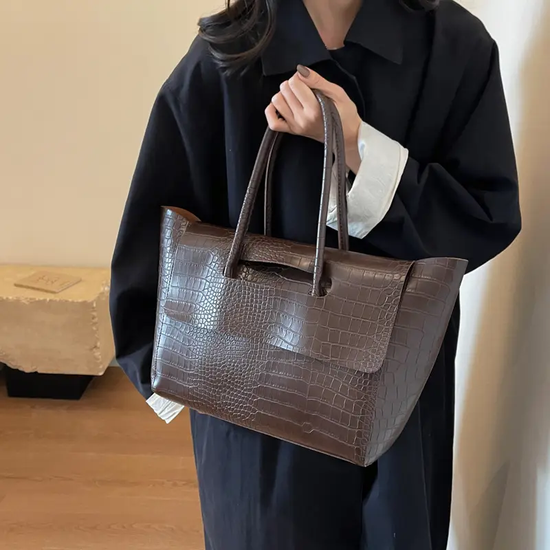 Brown Croc Leather Tote Bag for Women Large Capacity - Image 6