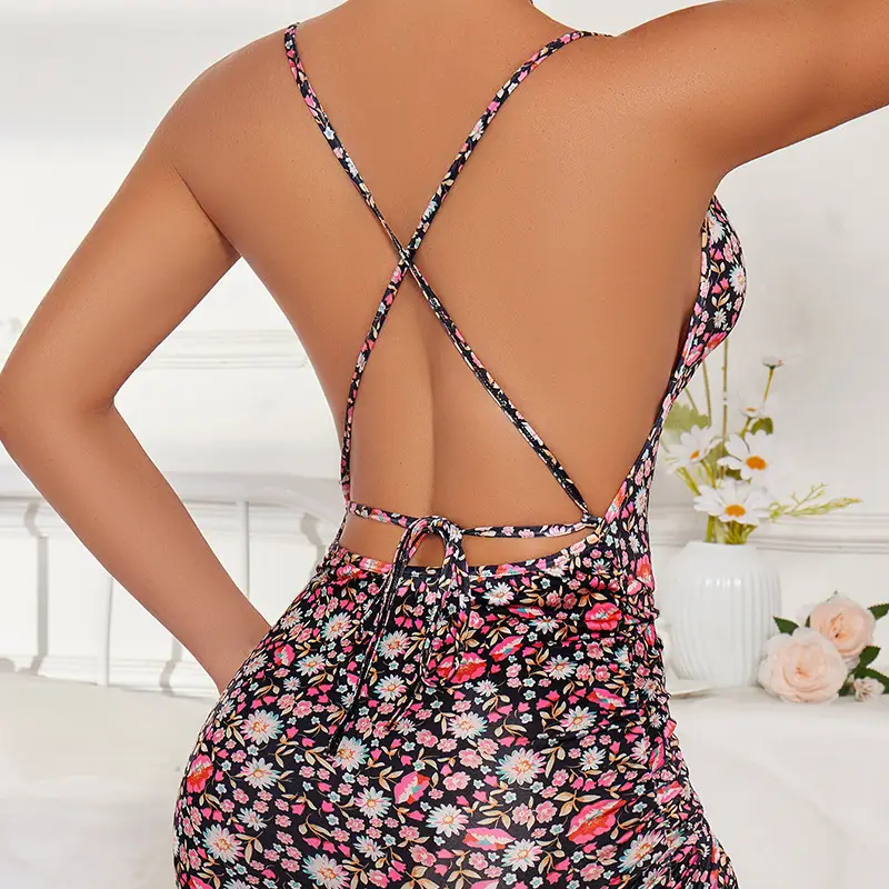 Cross-Border Floral Cross Strap Backless Lingerie Dress