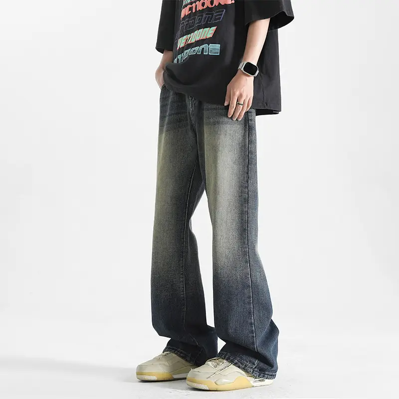 Men Wide Leg Washed Jeans Dark Blue Summer