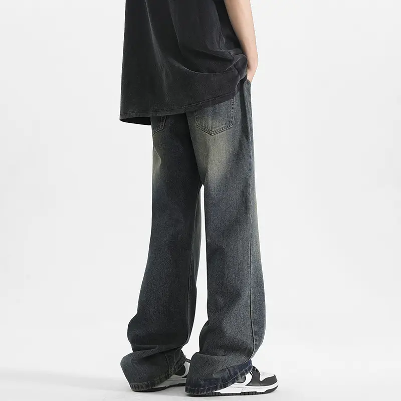 Men Wide Leg Washed Jeans Dark Blue Summer
