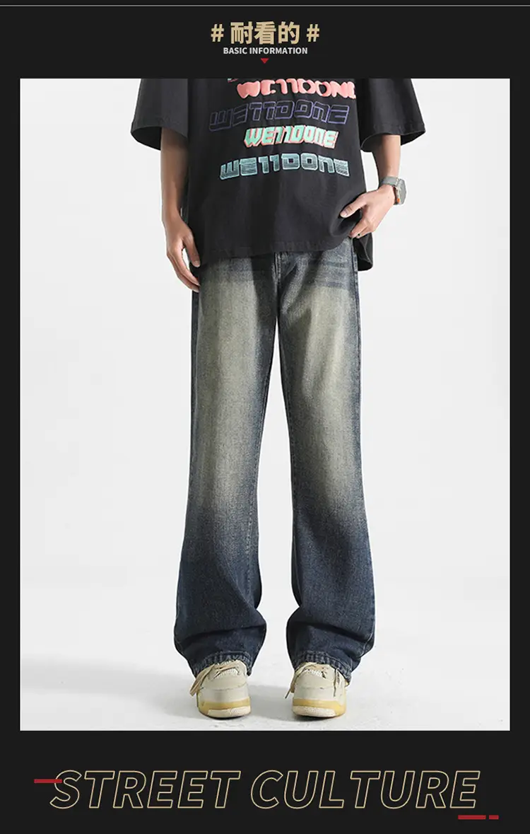 Men Wide Leg Washed Jeans Dark Blue Summer — feature 8