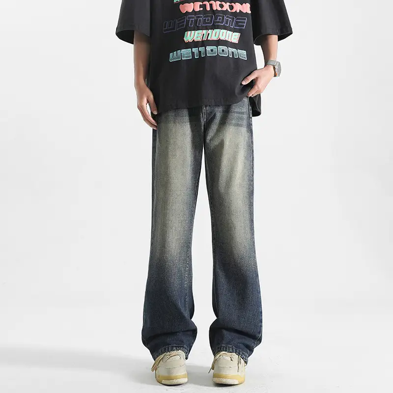Men Wide Leg Washed Jeans Dark Blue Summer
