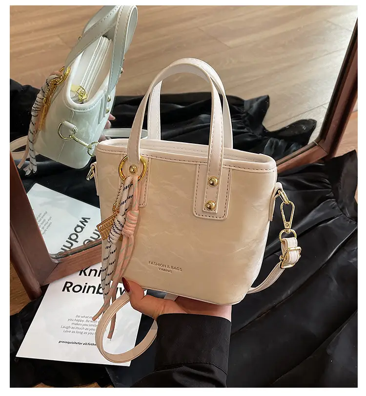 Women's Cream White Leather Bucket Bag with Gold Plated Handle — feature 3