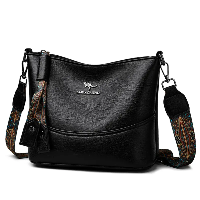 Black Leather Bucket Bag with Logo Print for Women - Image 6