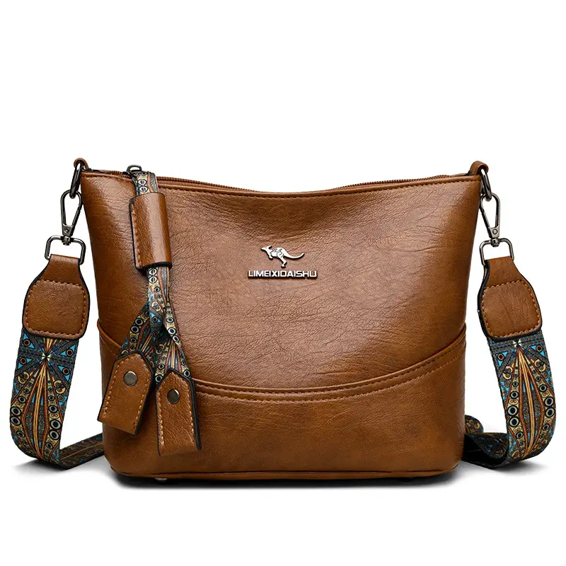 Black Leather Bucket Bag with Logo Print for Women - Image 2