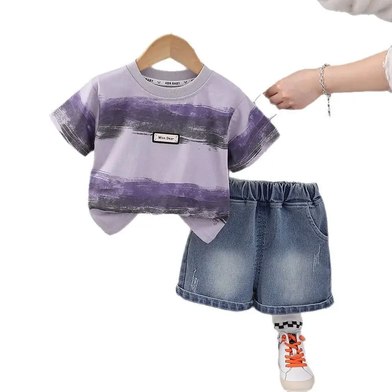 Children's Purple Striped T-Shirt Shorts Set for Boys 2025