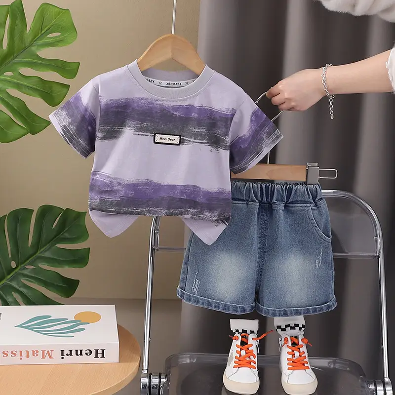 Children's Purple Striped T-Shirt Shorts Set for Boys 2025