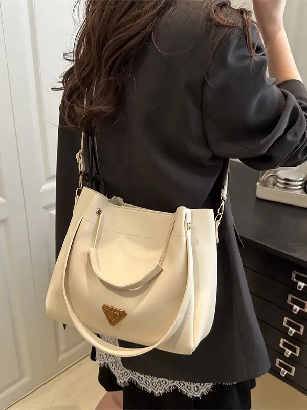 Women's Beige Leather Shoulder Crossbody Bag Large Capacity - Image 5