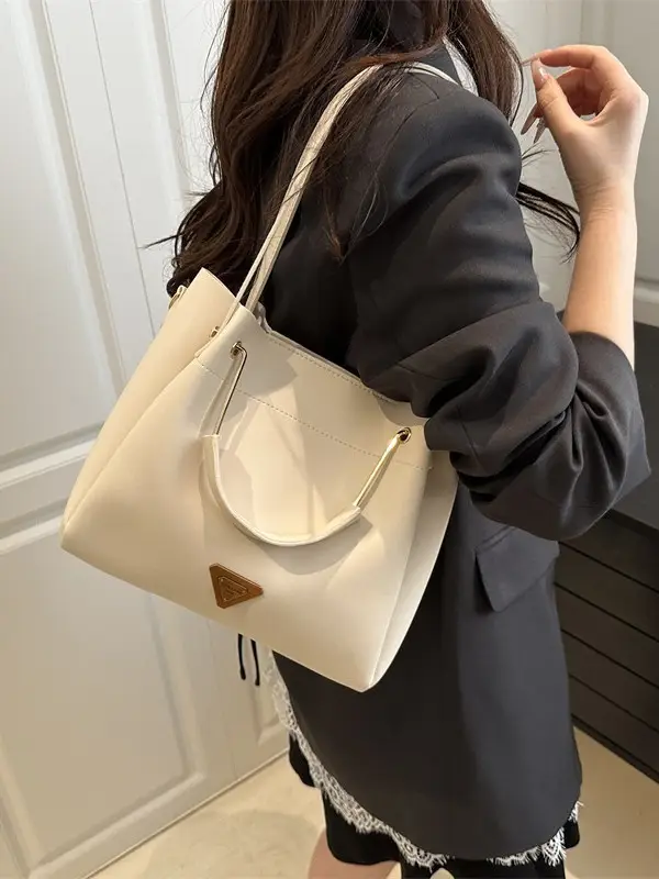 Women's Beige Leather Shoulder Crossbody Bag Large Capacity - Image 6