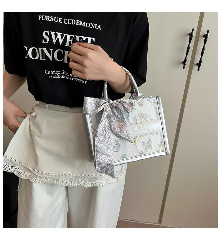 2025 Personalized Tote Bag with Silk Bow & Silver Design — feature 1