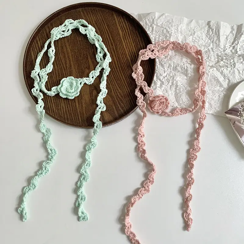 Narrow Long Crochet Rose Silk Scarf for Women - Image 11