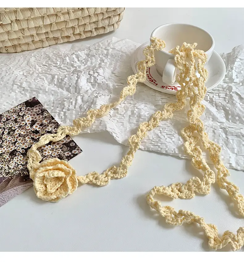 Narrow Long Crochet Rose Silk Scarf for Women — feature 12