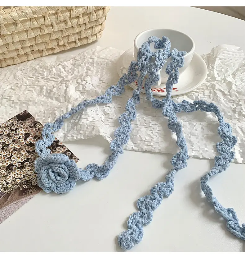 Narrow Long Crochet Rose Silk Scarf for Women — feature 13