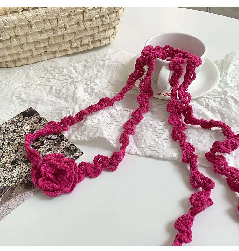 Narrow Long Crochet Rose Silk Scarf for Women — feature 9