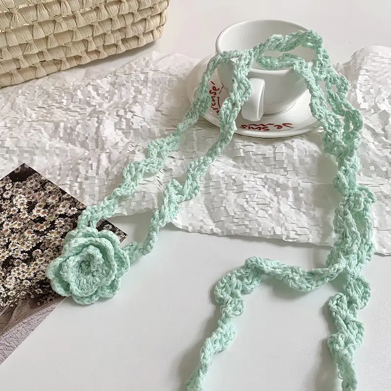 Narrow Long Crochet Rose Silk Scarf for Women - Image 2