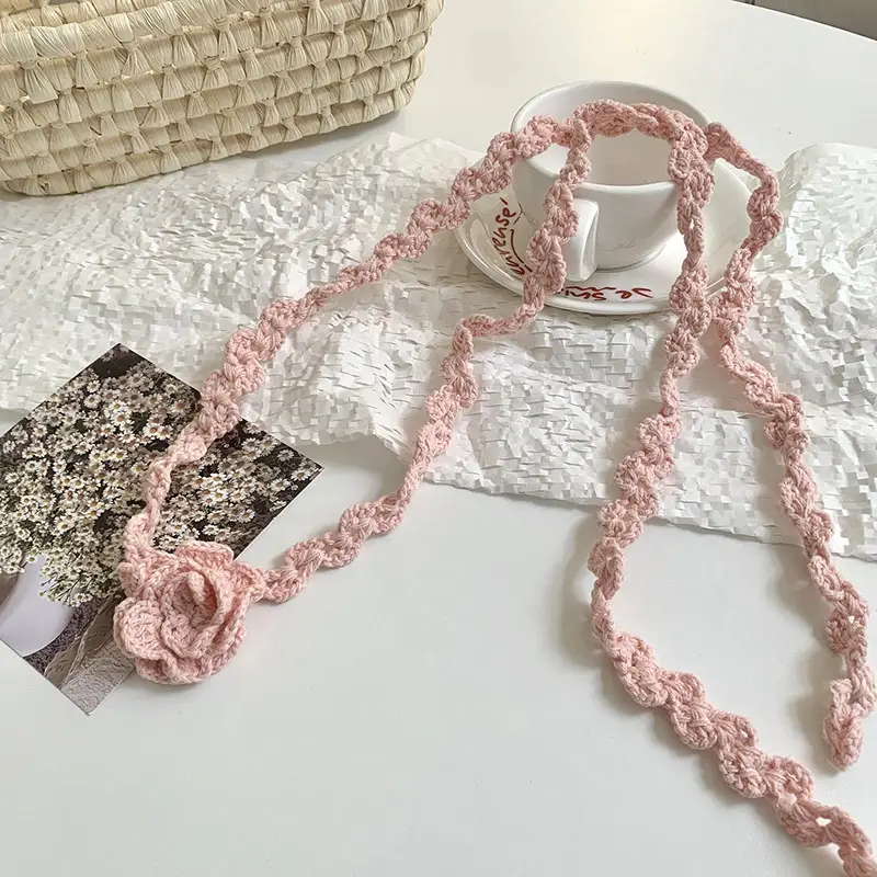 Narrow Long Crochet Rose Silk Scarf for Women - Image 3